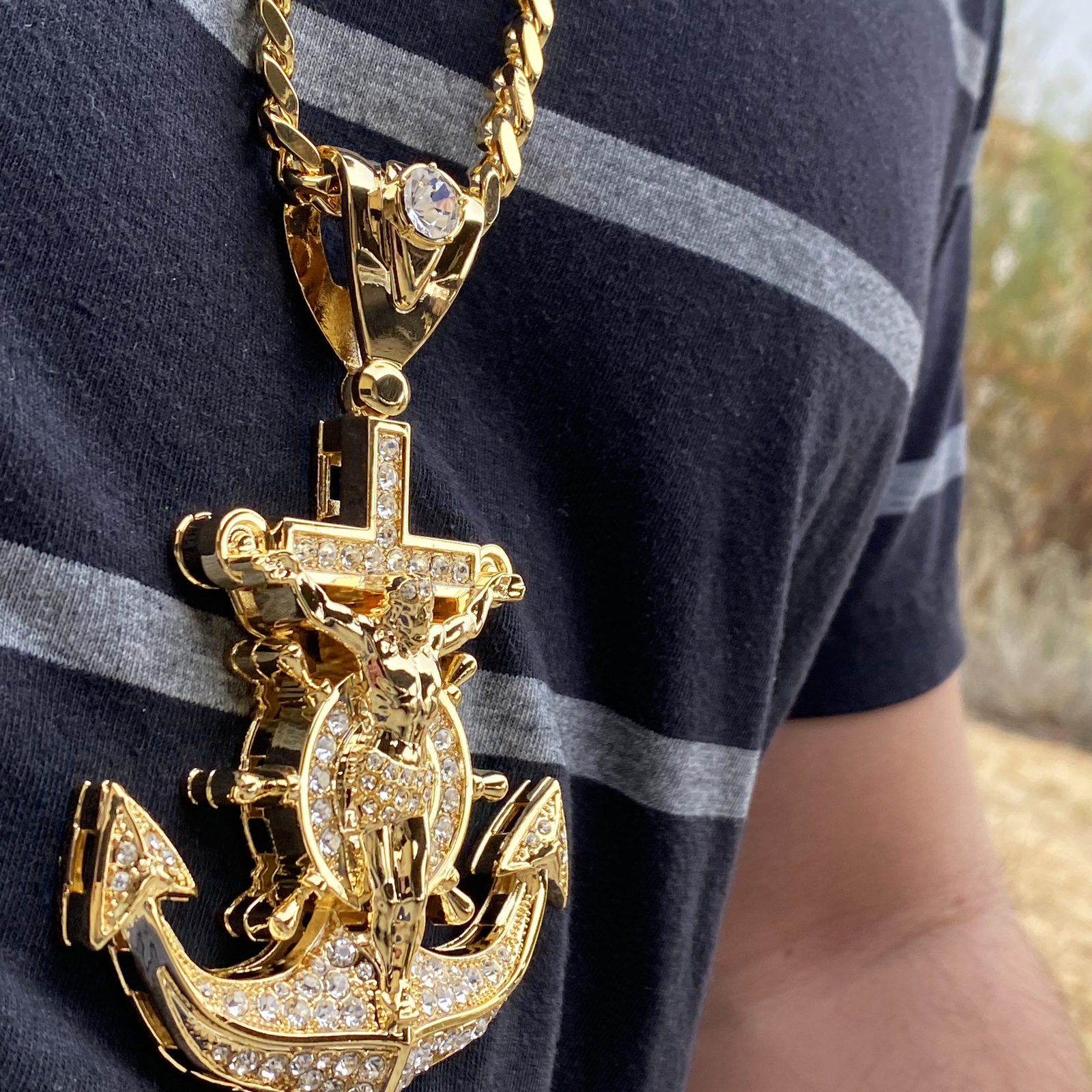 18K Gold Plated Huge Mariners Cross Anchor Jesus Chain 30″ Simulated CZ 30″