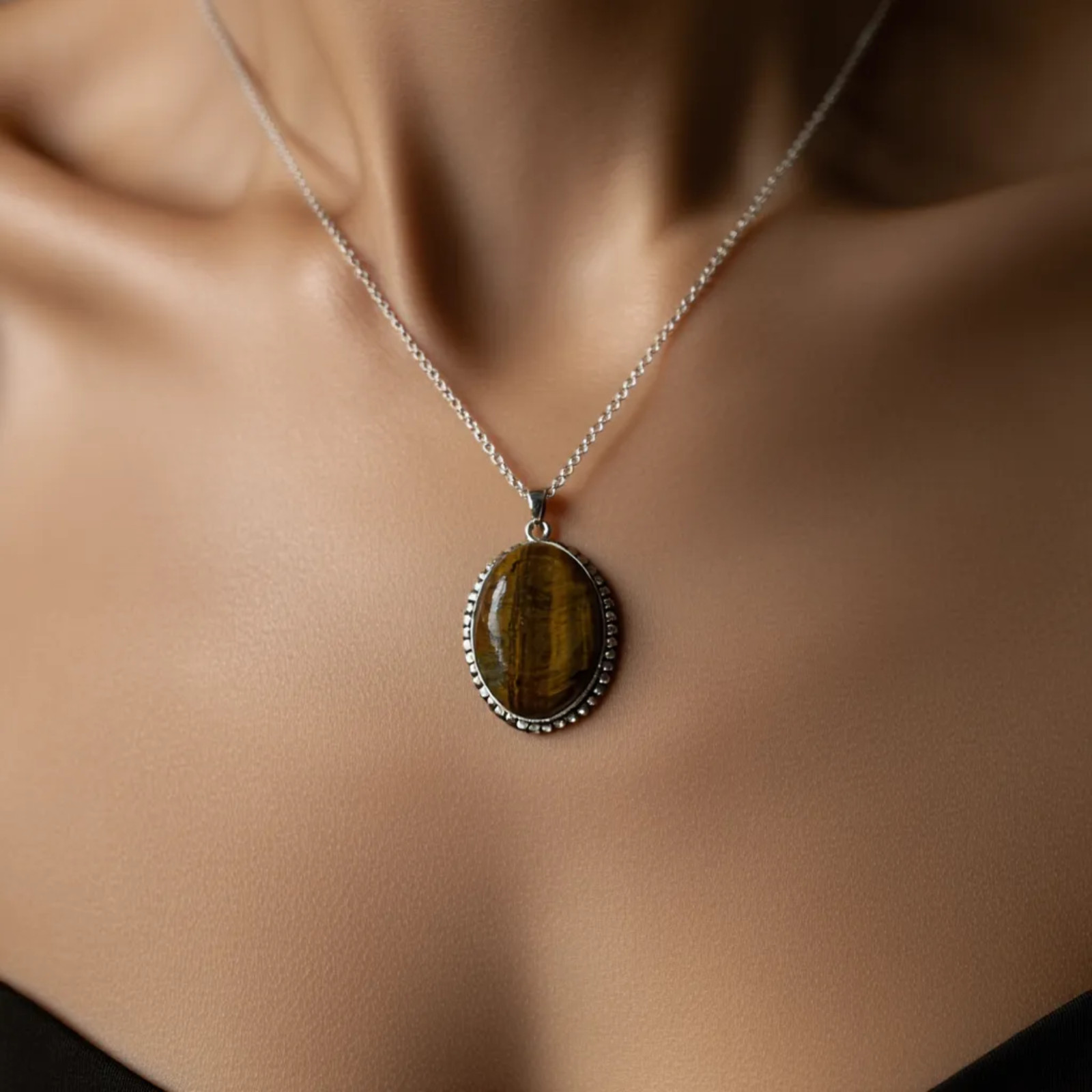 Tiger Eye Oval Pendant Handmade Silver Plated Gemstone Necklace with Free chain