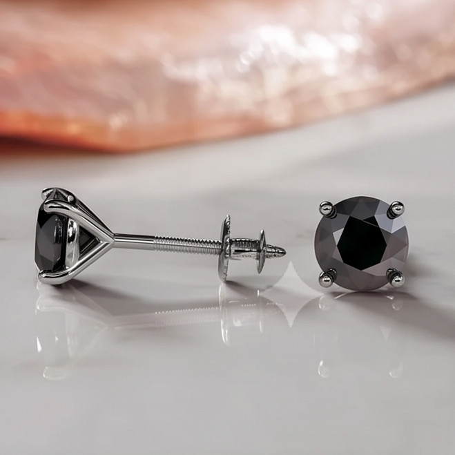 Natural Black Diamond Stud Earrings Martini Setting 14K Gold ScrewBack Men Women