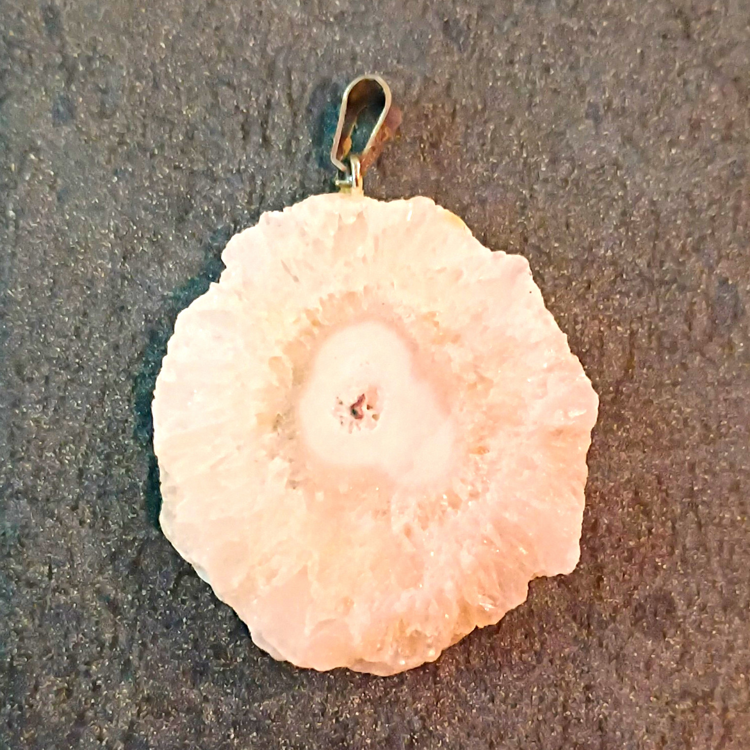 White Solar QuartRound Stone Slice Charm Pendant Silver Tone Metal Bail