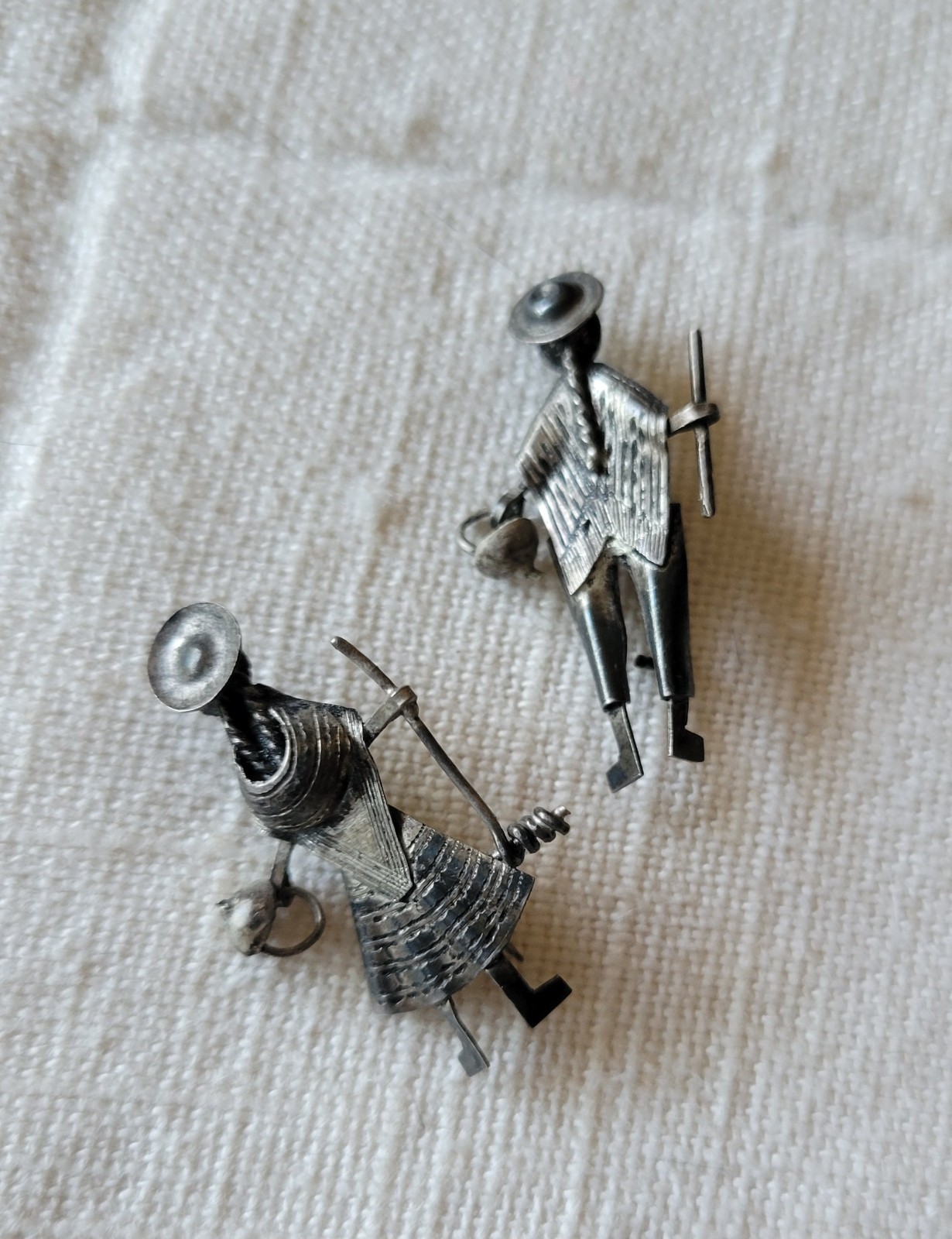Vintage Native Hand Crafted Silver Metal Pins male female basket staff Peruvian