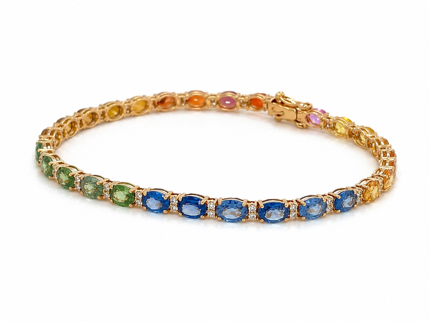 12.05 cttw Multicolor Natural Rainbow Sapphire Oval Cut Diamond Bracelet 18KY
