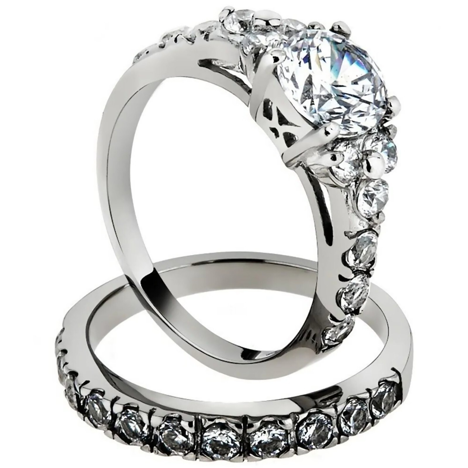 Solitaire with Accents Engagement Ring Half Eternity Wedding Band Stacking Set