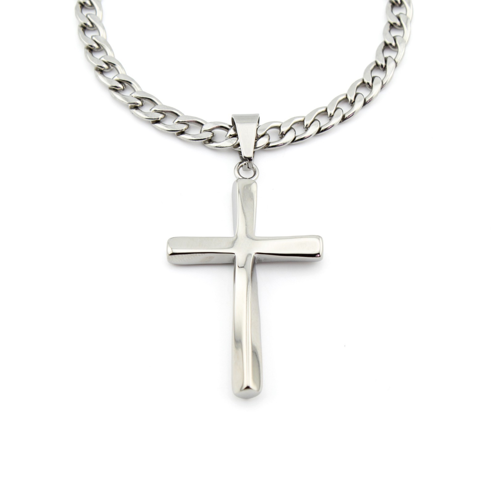 Men’s Stainless Steel Cross Necklace Cuban Link Chain Silver Pendant 5mm
