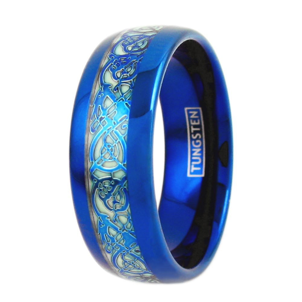 8mm Blue Tungsten Men’s Ring Celtic Dragon *Glow in the Dark* Wedding Band