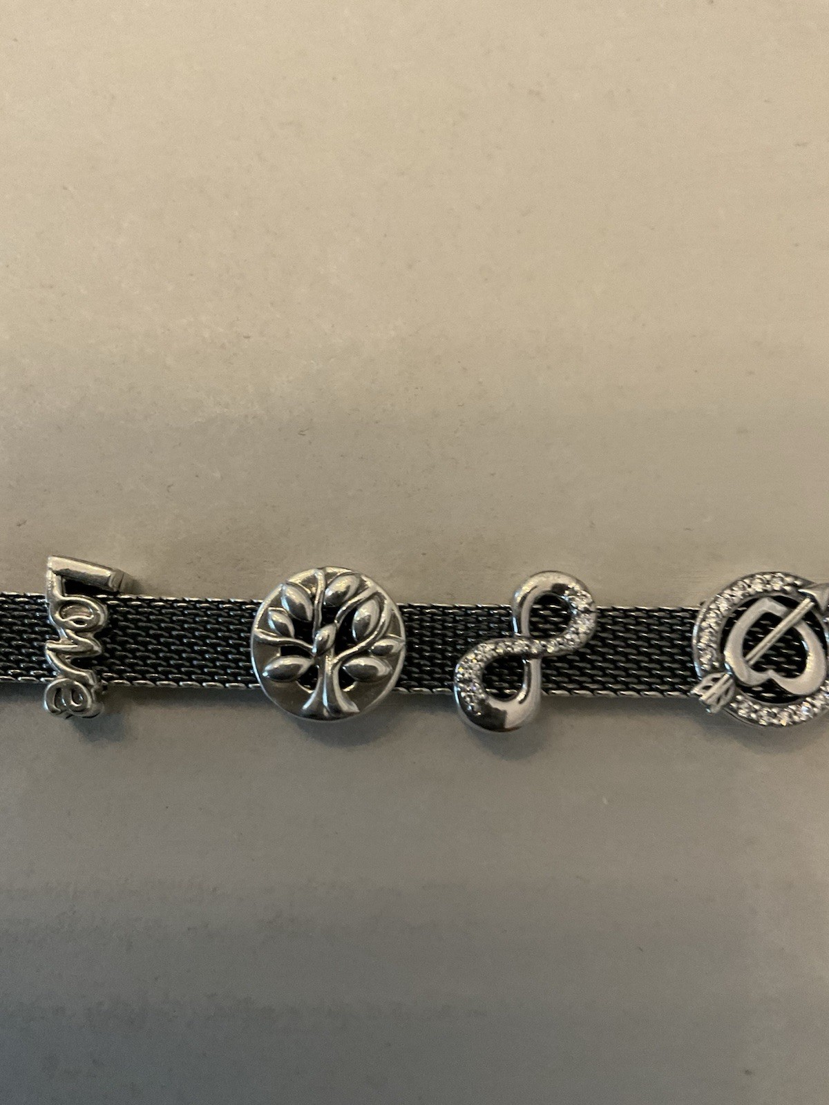 Pandora Reflections Mesh Bracelet In Oxidized Silver W/Charms Sz 7.0/7.25