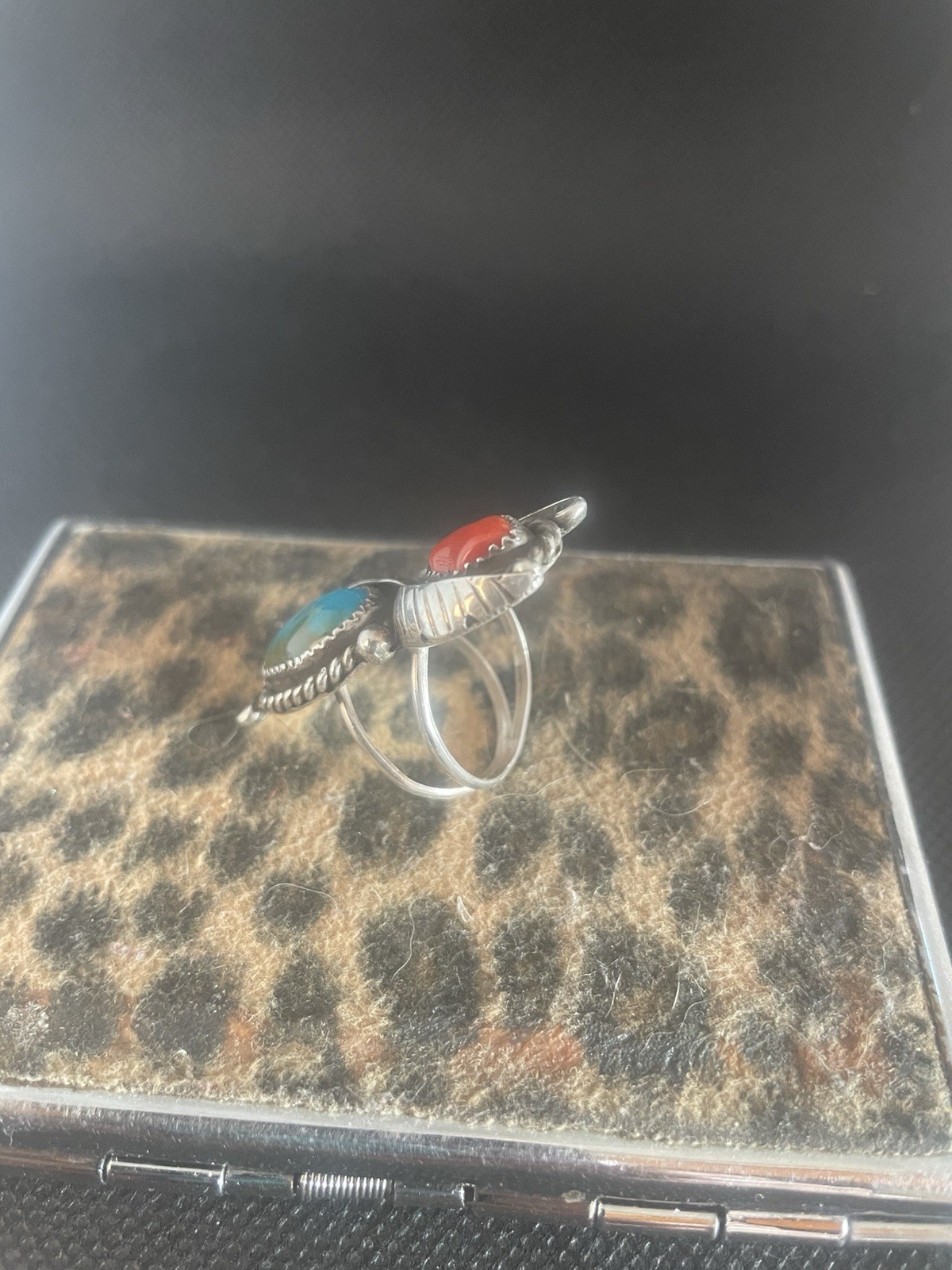 Signed Vintage Native American Bisbee And Coral Silver Ring