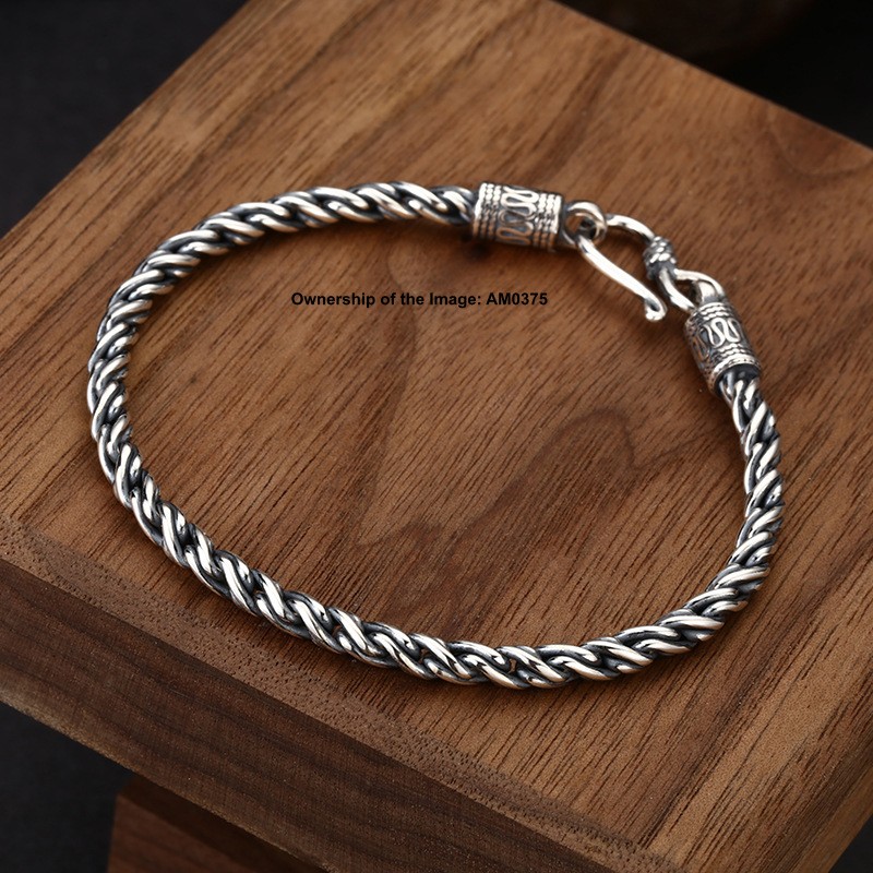 Pure 925 Sterling Silver 4mm Round Rope Link Bracelet Vintage Style 7.9inch