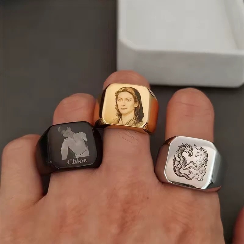 Personalized Photo Stainless Steel Ring Jewelry Custom Engraved Couple Gift