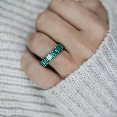 Lab Created Green Emerald Full Eternity Wedding Band Ring 14K White Gold Plated