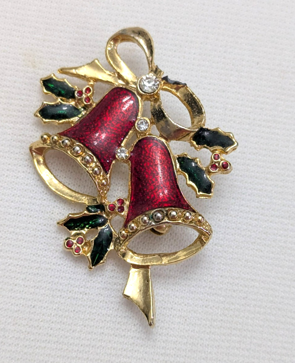Vintage Gold Tone Glossy Red Green Christmas Bells Holly Brooch Rhinestones