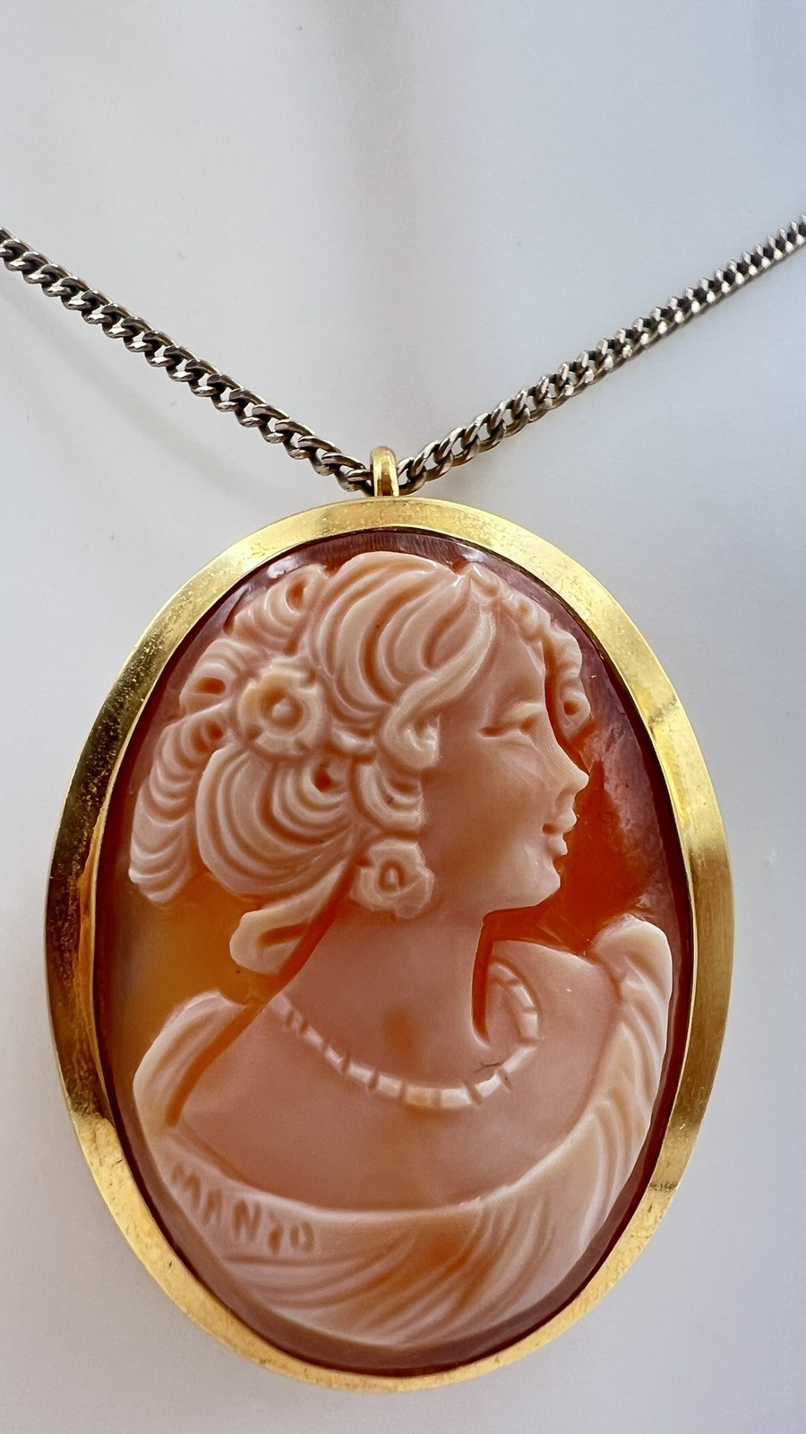 Vintage Oval Shell Cameo Pendant/Brooch, Gold Filled, Signed J.E. Caldwell