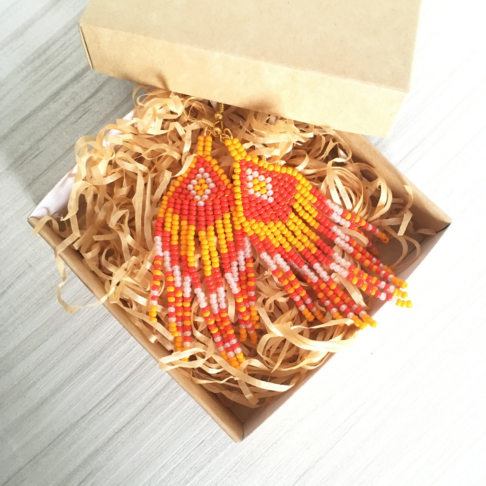 Orange red beaded earrings, Halloween seed bead earrings with fringe