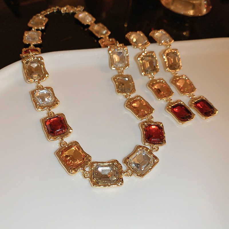 Vintage Multicolor Crystal Necklace & Drop Earrings Set Statement Jewelry