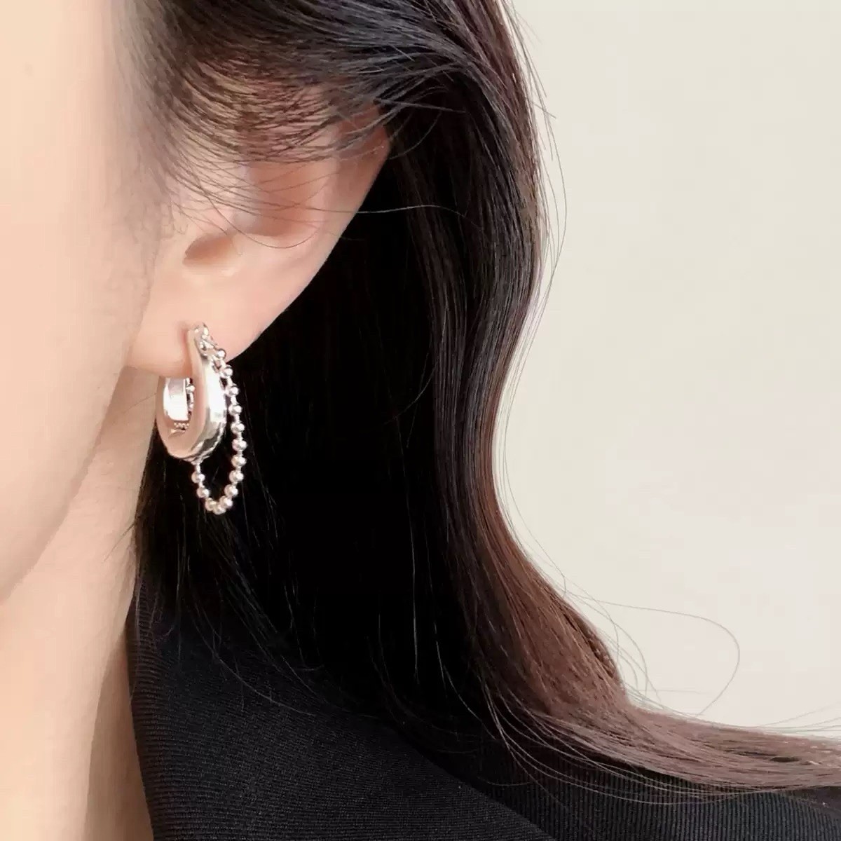 925 Silver Ball Chain Huggie Hoop Earrings Dainty Chunky Chain Drop Hoop D34