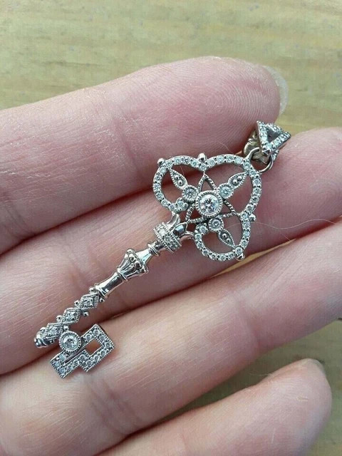 Key Shape Women’s Pendant 1Ct Round Cut Natural Moissanite 14K White Gold Plated