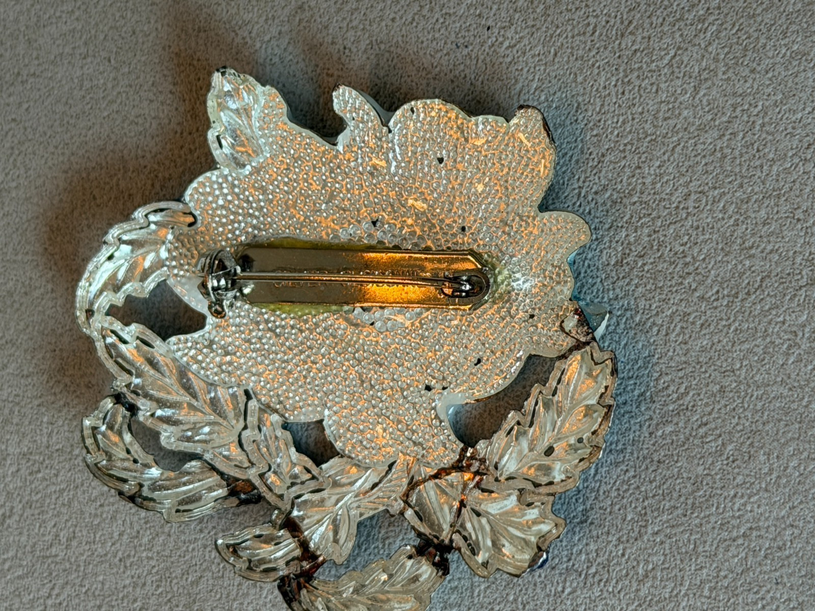 vintage Asian brooch pin silver blue glass enameled peony w pink center 2.5″