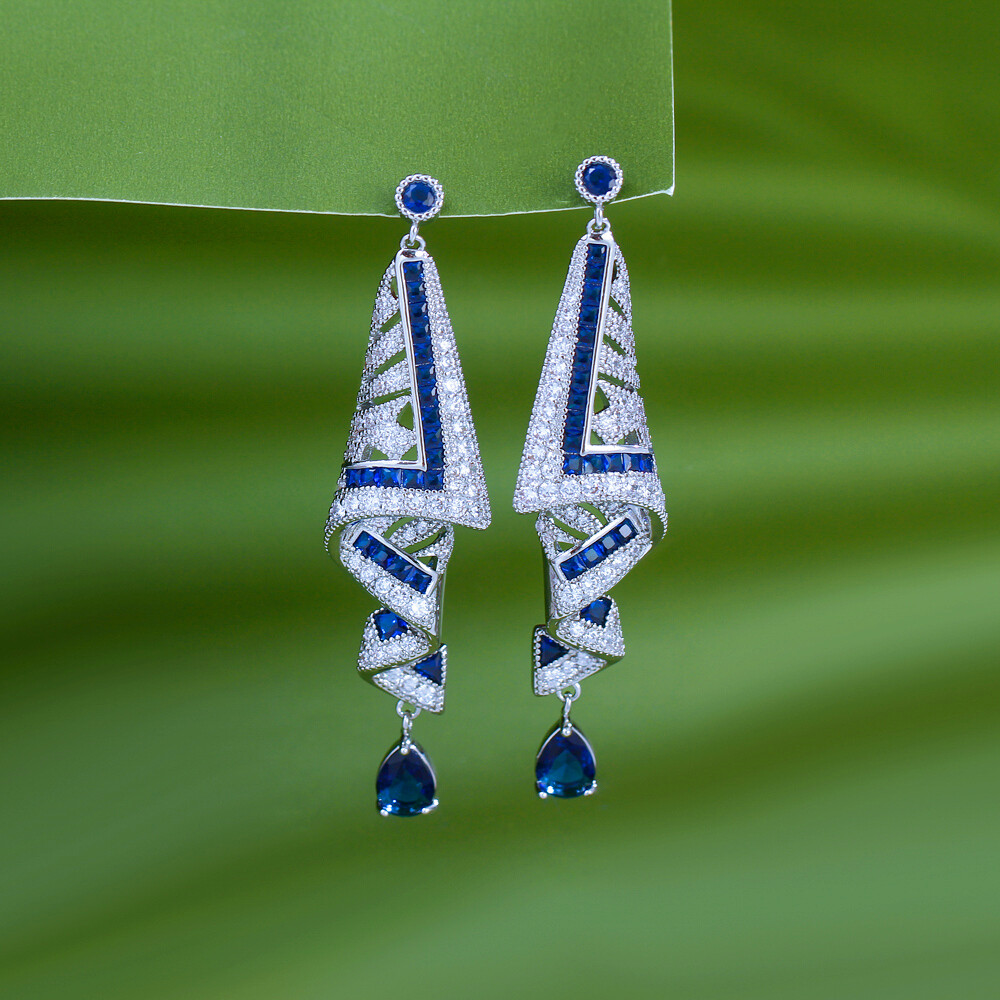 Silver Plated Cubic Zirconia Blue Long Symmetrical Dangle Drop Earrings for Lady