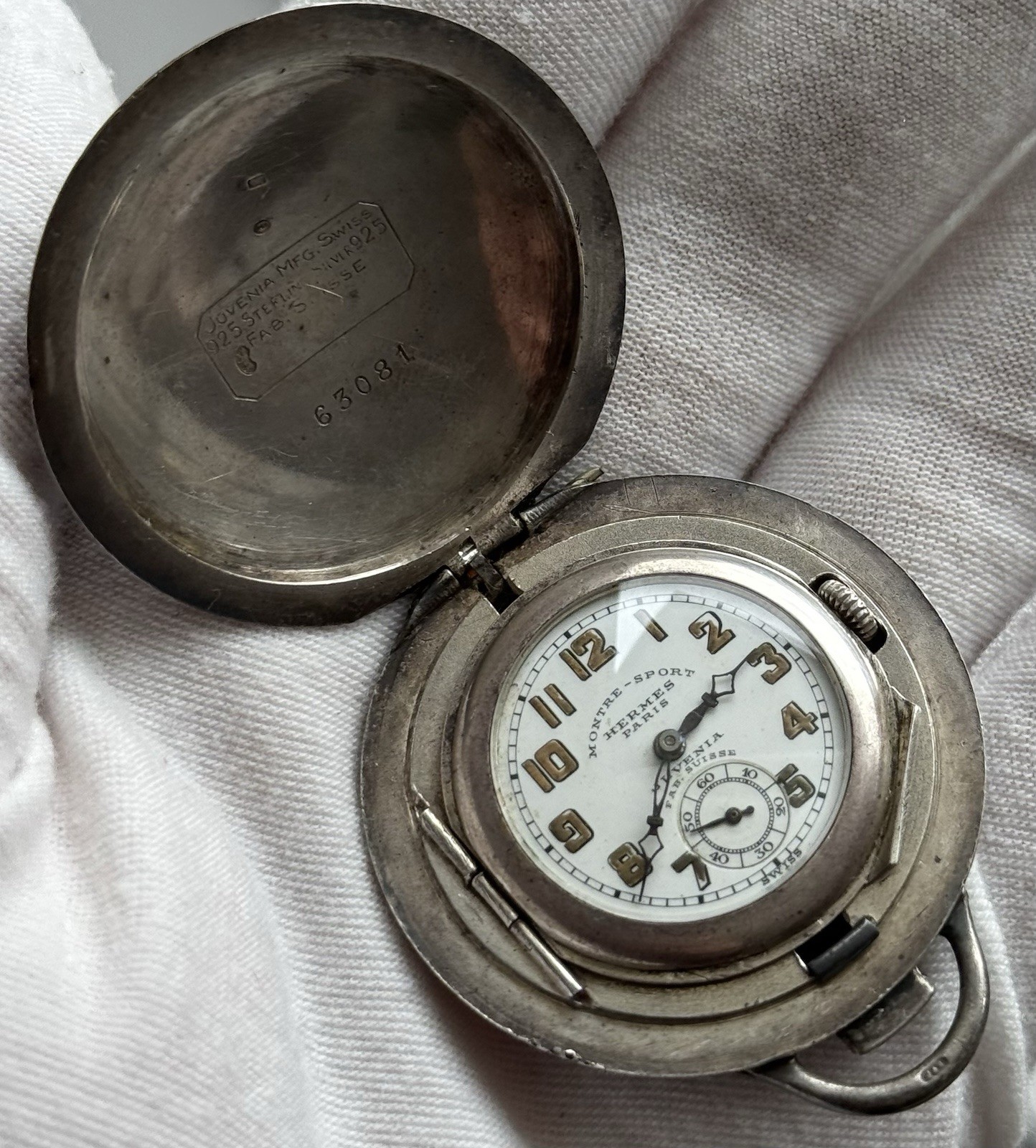 Rare 1920s Art Deco Silver Pocket Watch Hermès Paris Montre-Sport by Juvenia VGC
