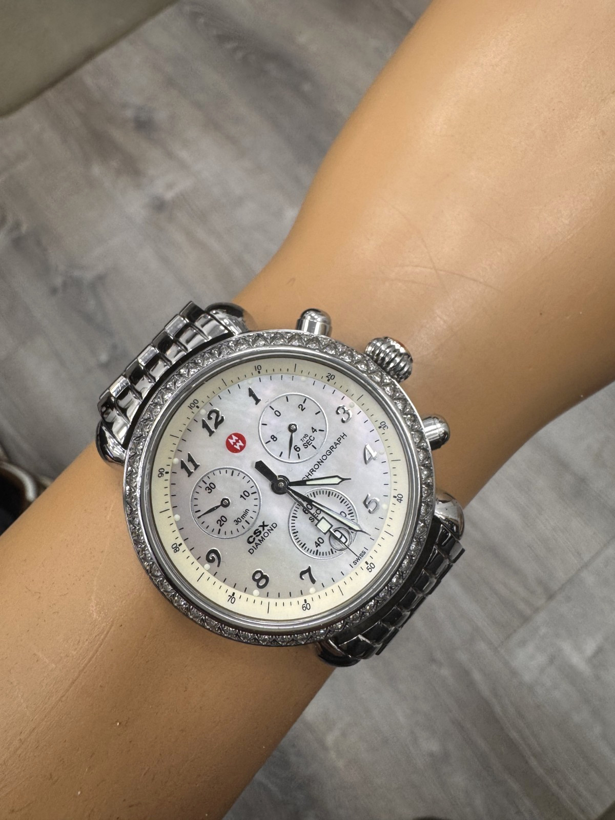 Women SWISS CHRONOGRAPH Watch MICHELE “CSX” 71-3600. Diamonds Bezel. MOP Dial