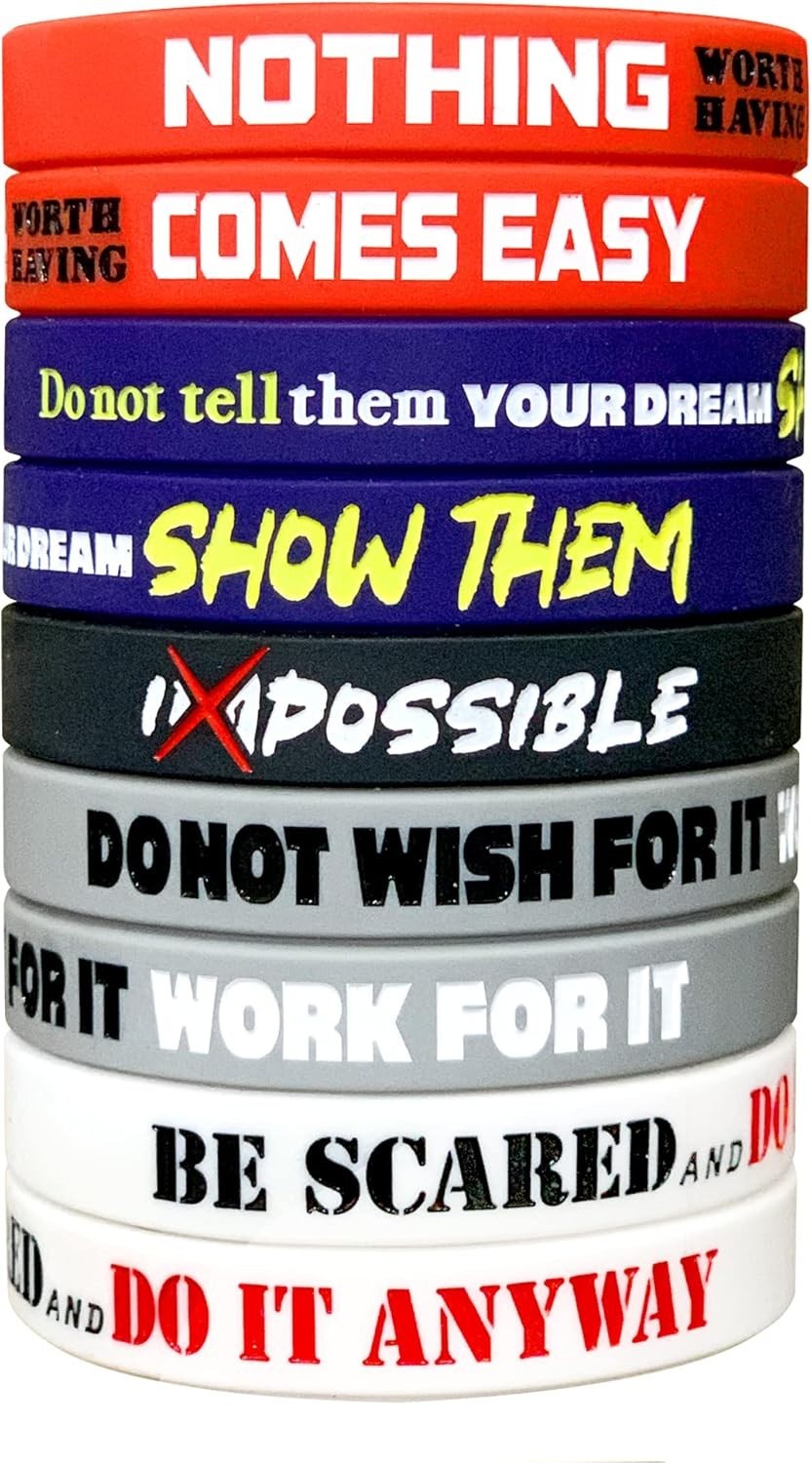 Inspirational 8″ Silicone Bracelets – 12-Pack Motivational Wristbands for All
