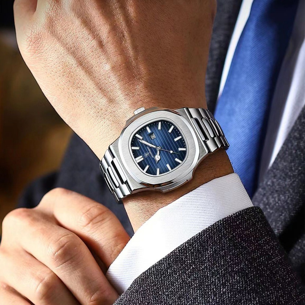 POEDAGAR Square Men Waterproof Luminous Date Stainless Steel Quartz Watch