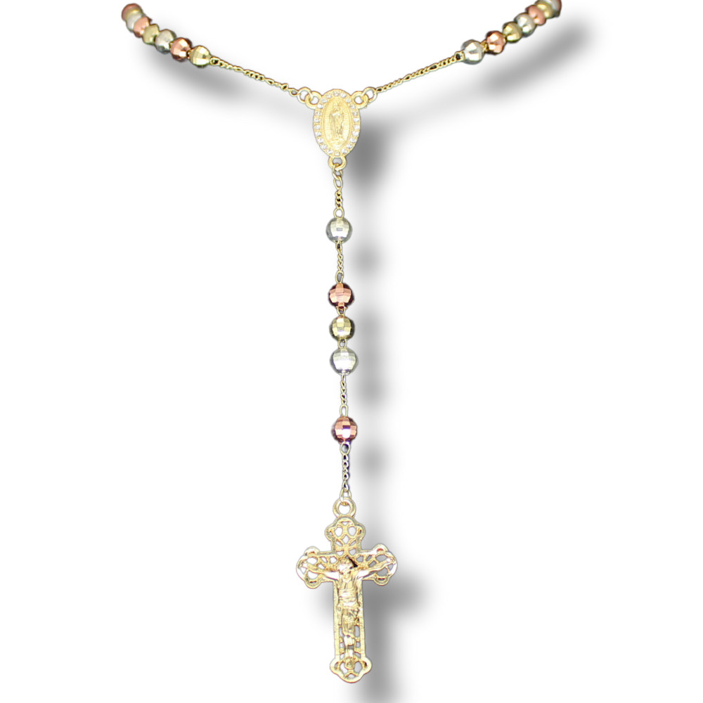 36″ Tri Color Rosary Necklace Gold Plated Men Women Religious Chain Jewelry