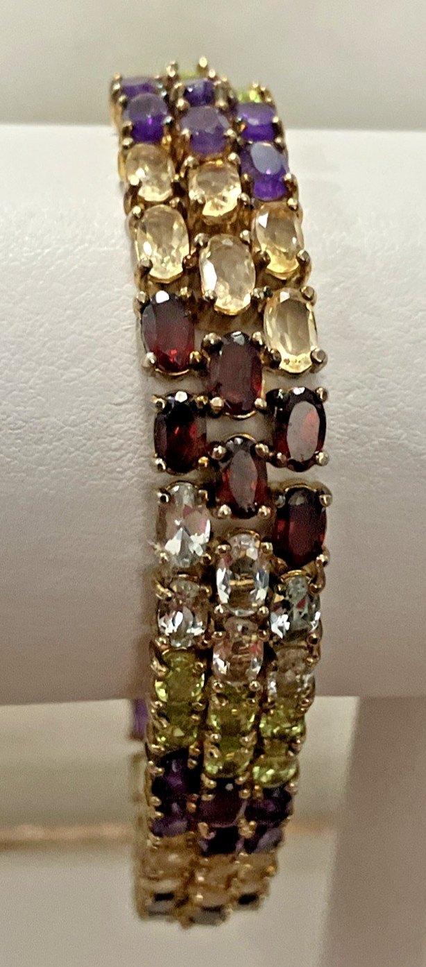 925 Sterling Silver Bct 25grams 11mm 7.2” Multi-Color Stones Gold-Tone PreOwned