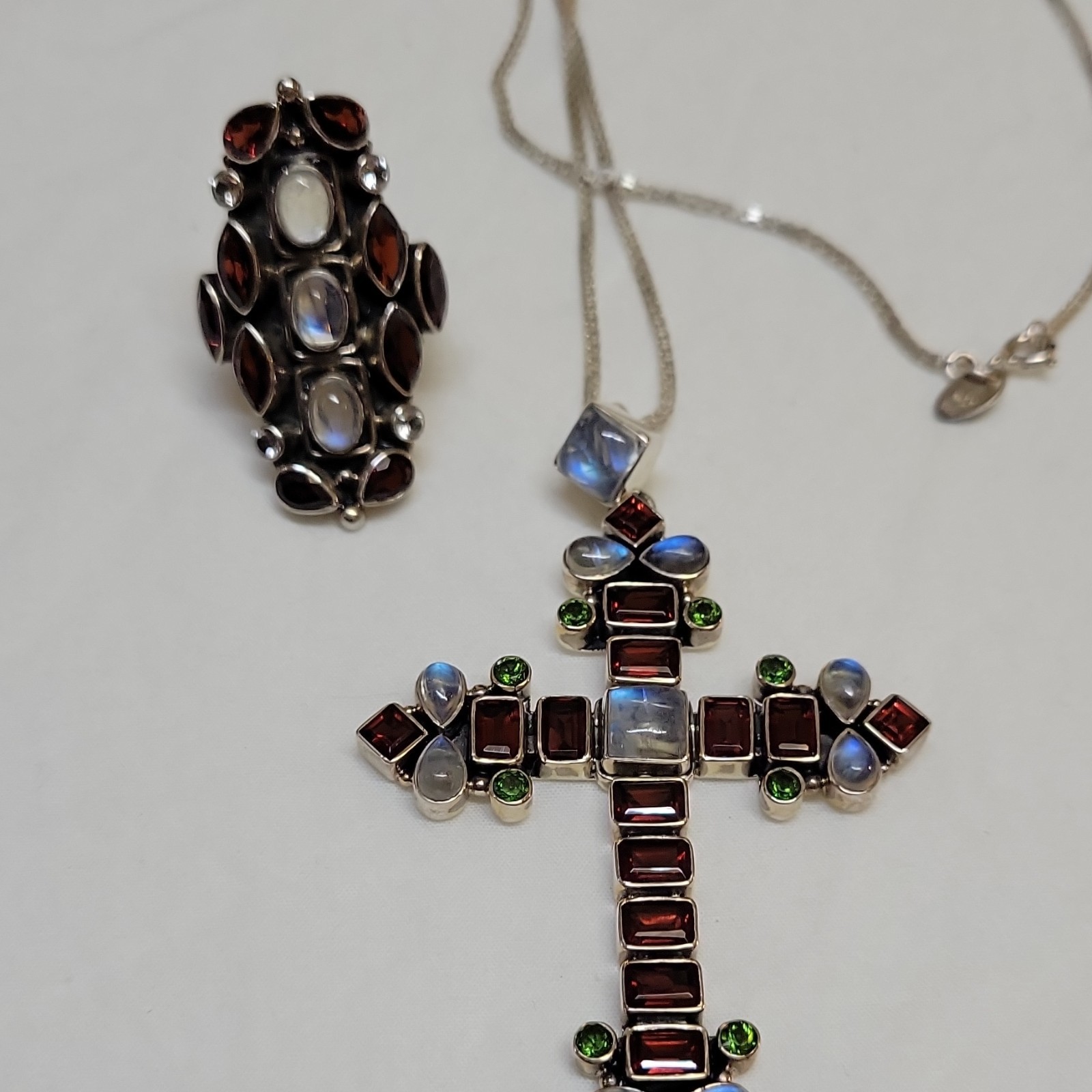 925 Sterling Silver Cross Pendant Necklace Garnet & Moonstone Box Chain Signed