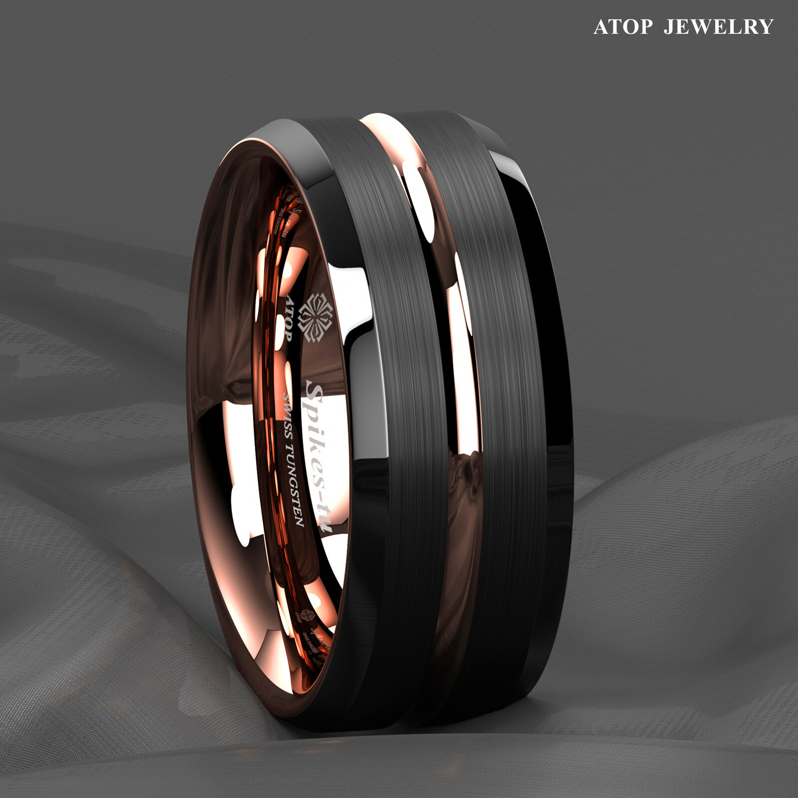 8mm Black Brushed Rose Gold Plated Metal Tungsten Ring ATOP Men Wedding Band