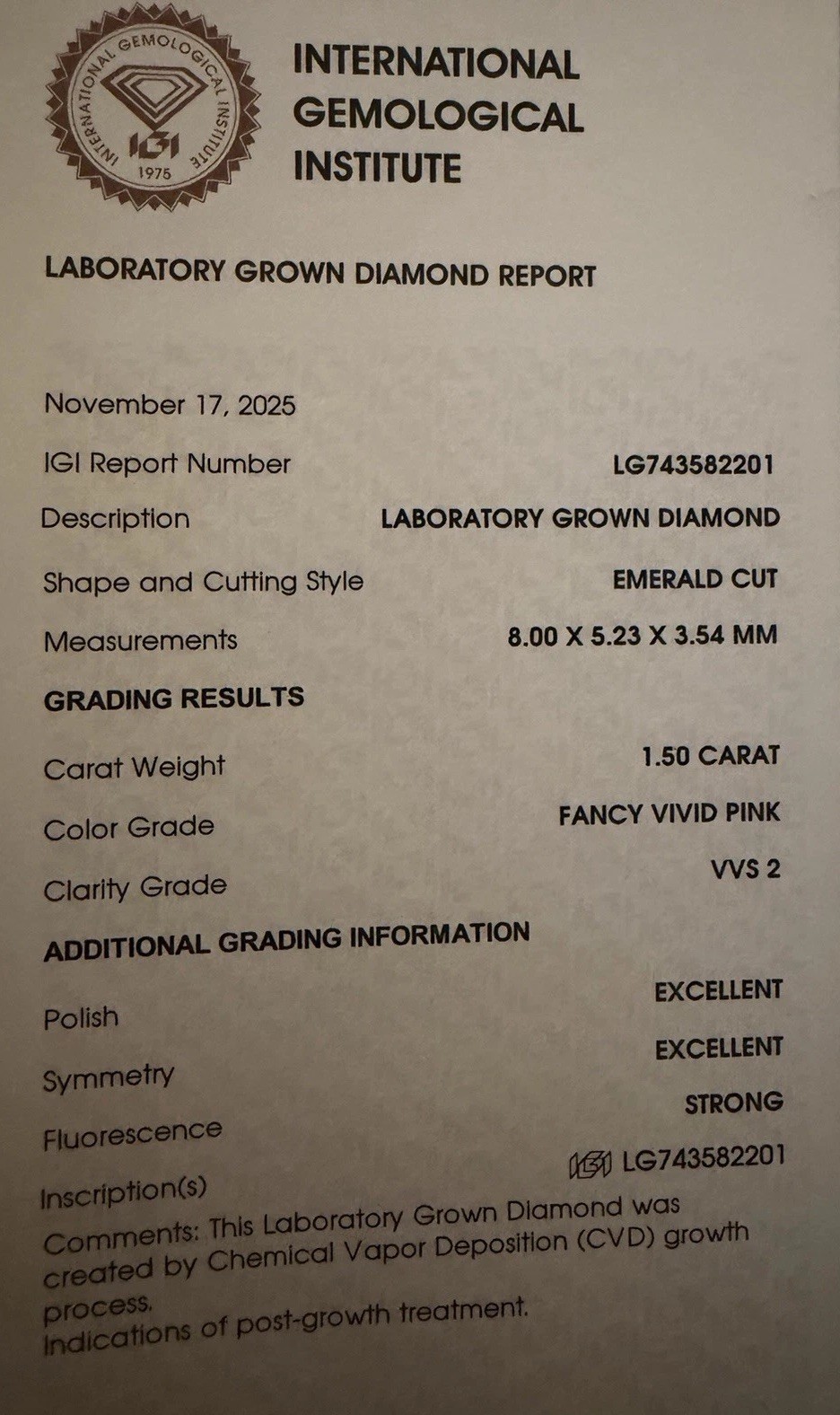IGI Lab-Created Emerald Cut Diamond 1.50ct Fancy Vivid Pink VVS2