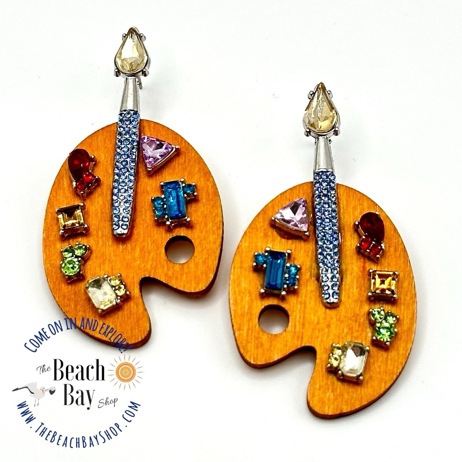 Piper K Artist Paint Palette Earrings Wood With Glass Stones SPARKLE! (VIDEO)