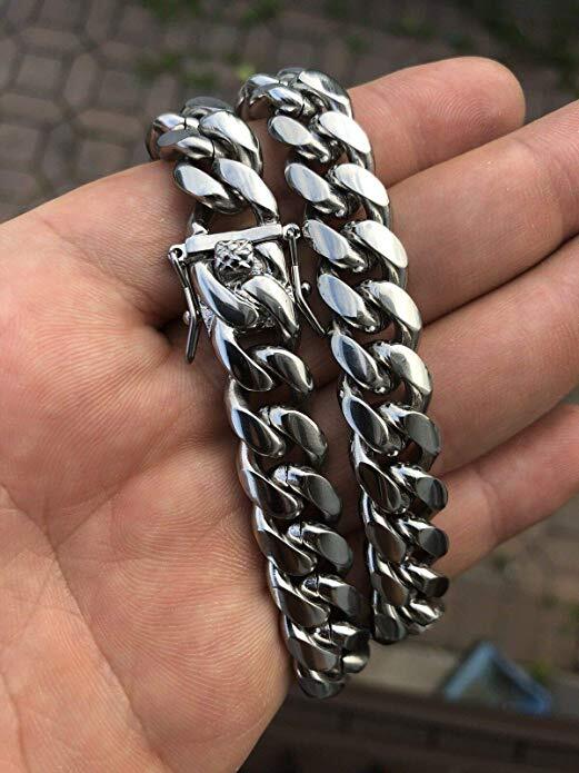 Men’s Heavy Silver Miami Cuban Link Bracelet Chain Stainless Steel 8mm-14mm