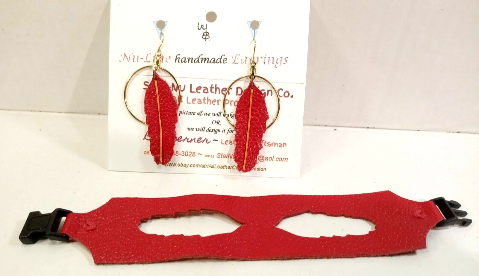 BRACELET& Matching EARRINGS Beautiful soft subtle RED Leather * One of a KIND-[]