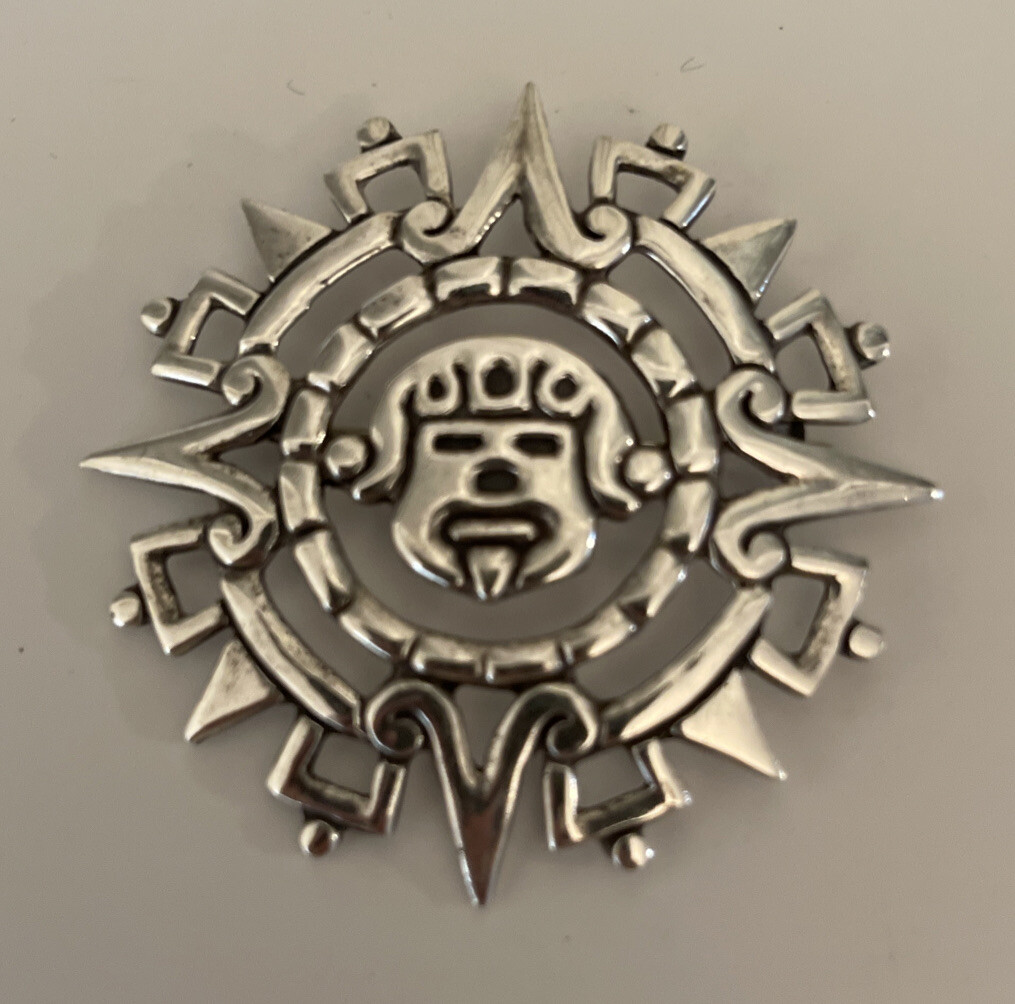 Vtg Sterling Silver 925 Aztec Pin 2 1/16” 13.48g Made In Mexico MM 34