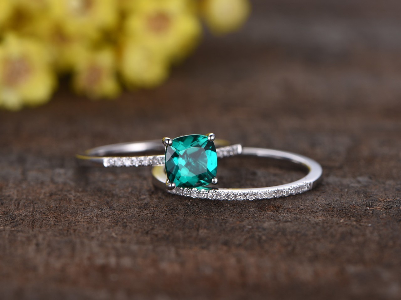 1.30 Ct Cushion Cut Natural Emerald Diamond Wedding Ring 14K White Gold Size 7