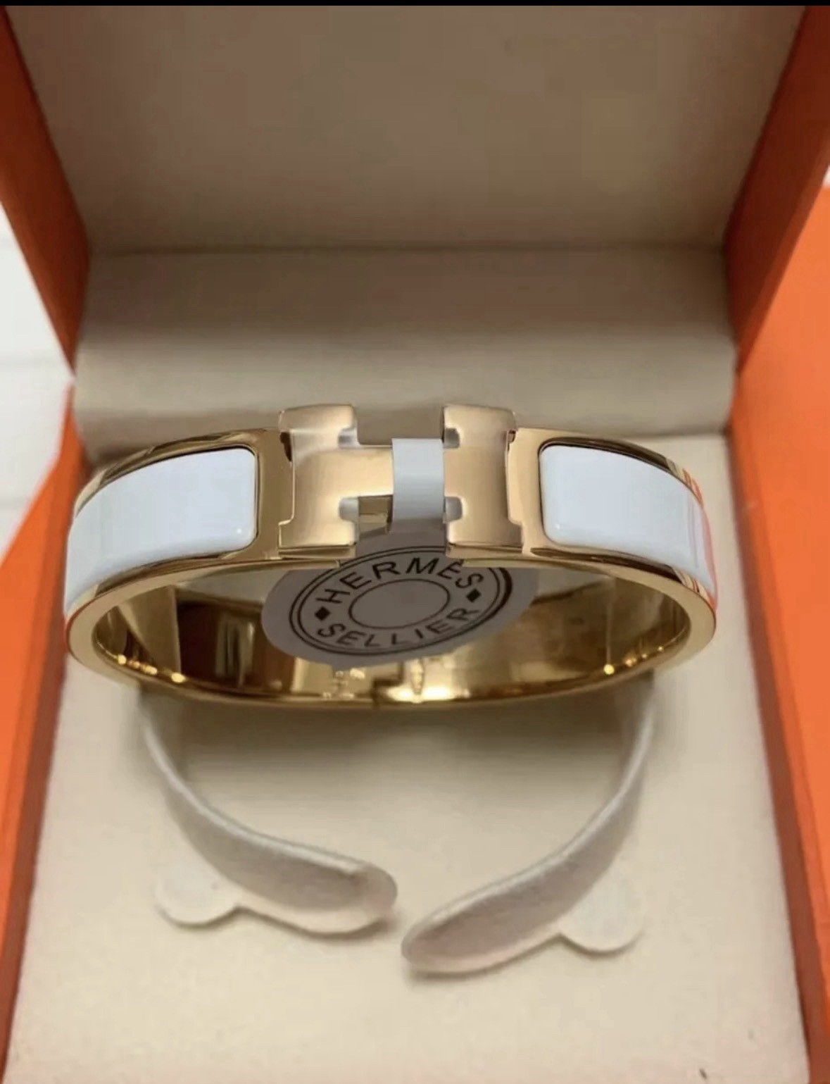 Hermès Clic H White Enamel Hinged Bangle Bracelet Gold Tone