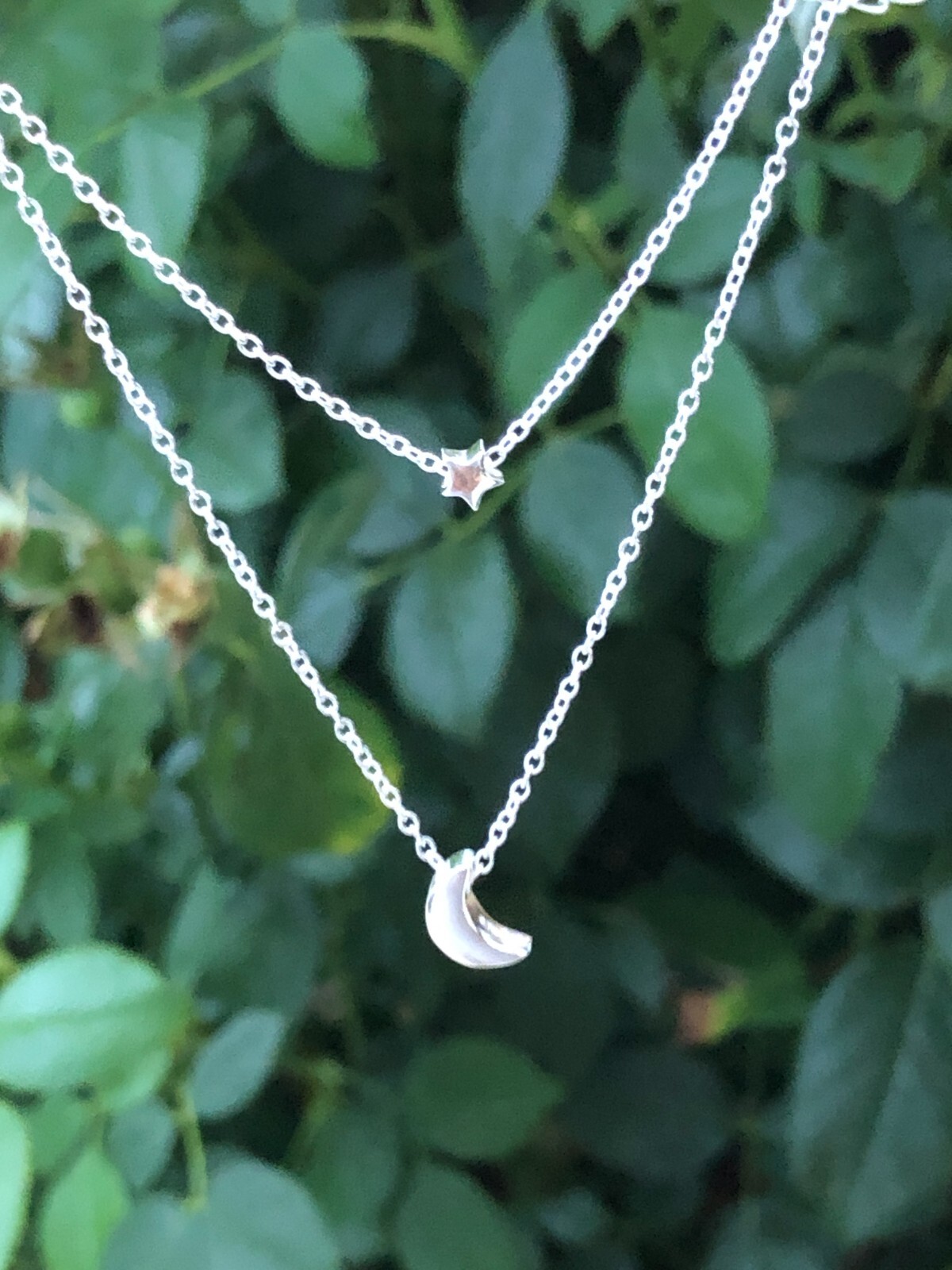 925 Sterling Silver Plain Star Crescent Moon Pendant Layered Necklace 2.8/7.8mm