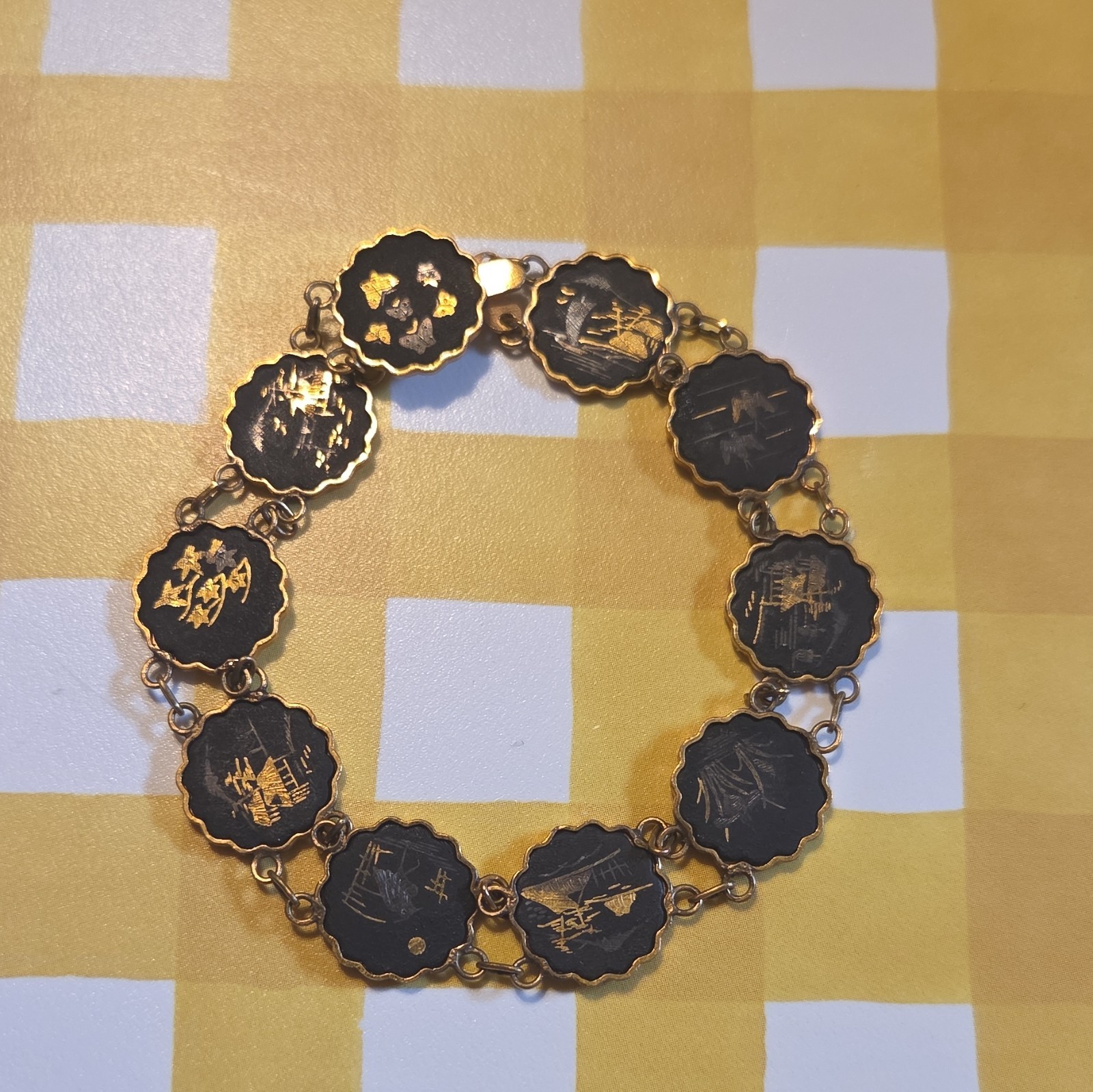 Japanese Scenic Damascene Bracelet Gold & Silver on Brass Medallions Links