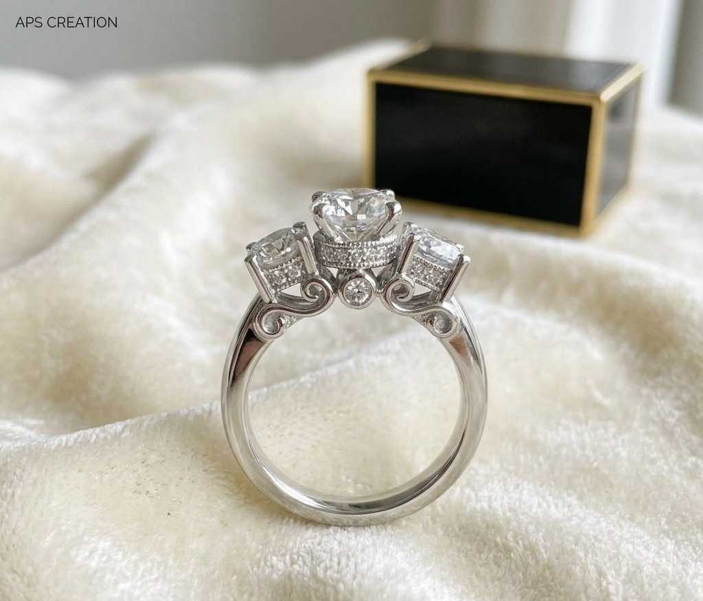 3.50Ct Round Moissanite 3 Stone Engagement Wedding Ring 925 Silver 14K Vermeil