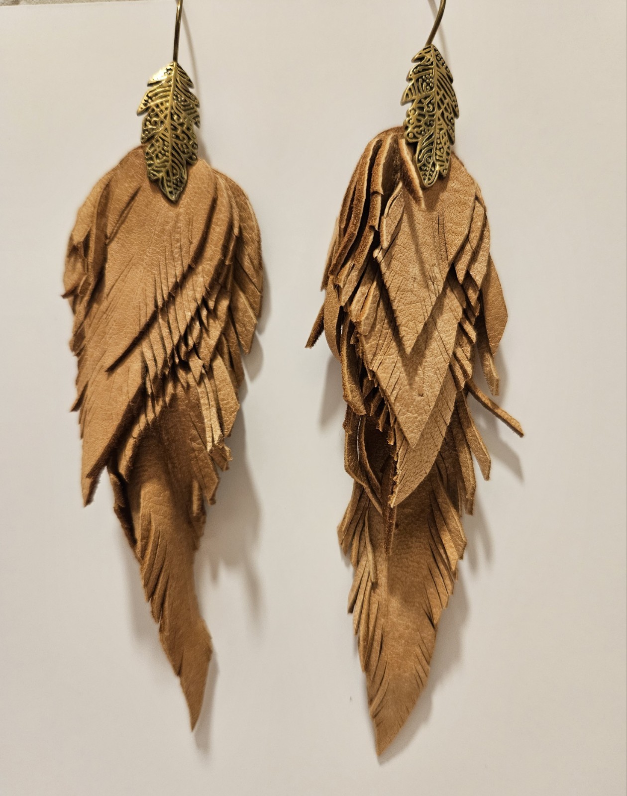 Brown Leather Feather Bohemian Dangle Drop Hook Earrings