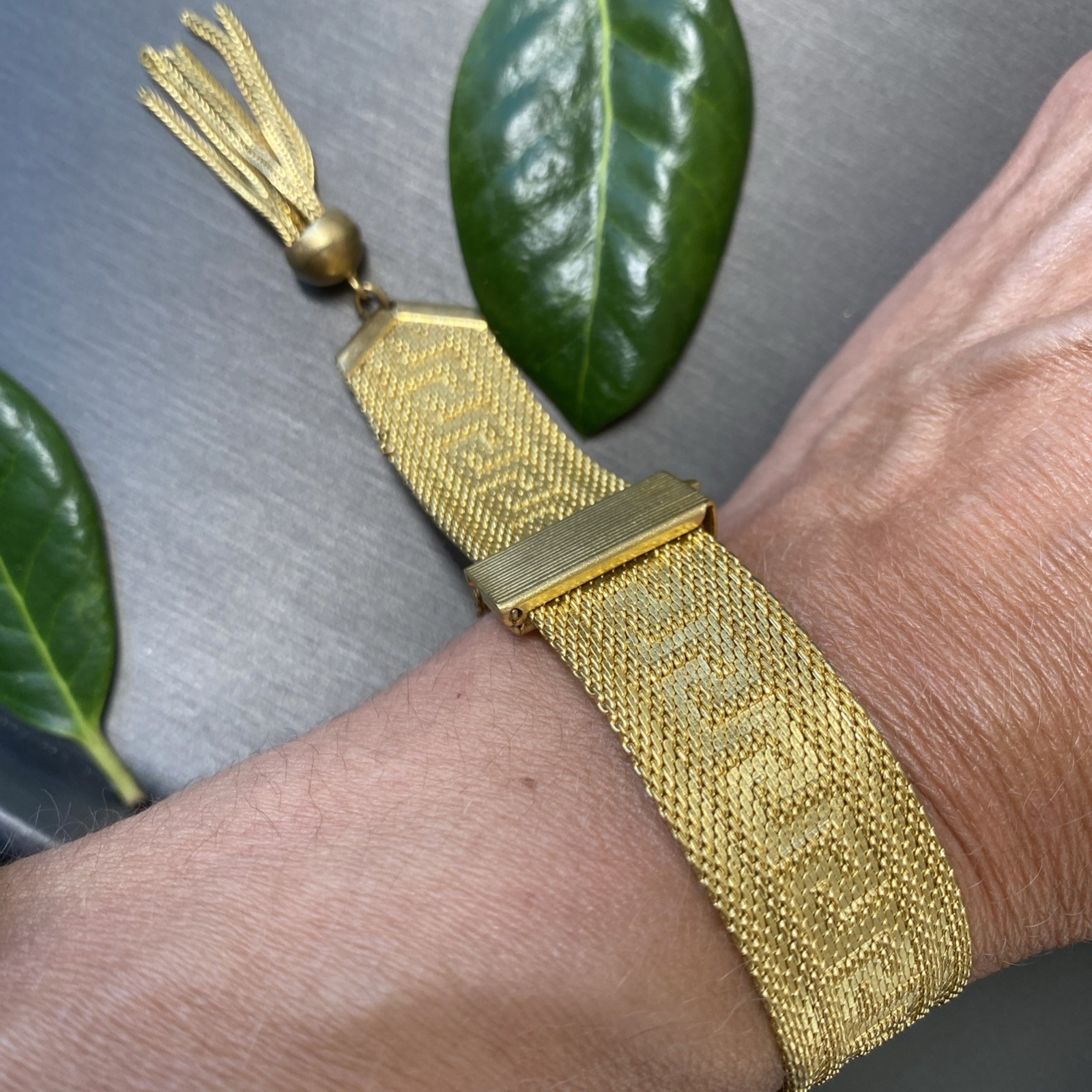 Vintage Tassel Fringe Charm Mesh Bracelet Estate Jewelry Pre-Owned Greek Key