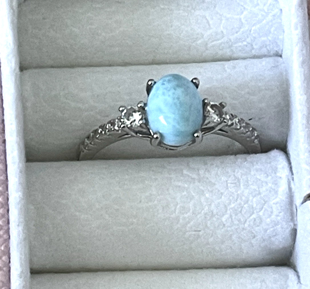 Larimar Ring 925 Sterling Band Light Blue Ocean-hued Cabochon Stone SZ 8 New