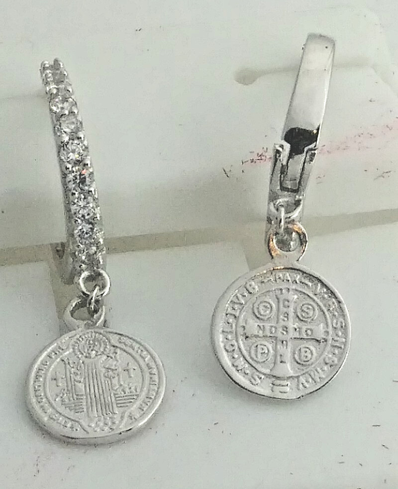 925 STERLING SILVER Rhodium Plated SAINT BENEDICT MEDAL Earrings 22x13MM