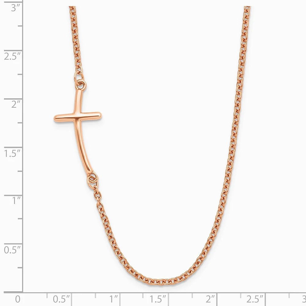 Sterling Silver Rose Gold-Plated Large Off-Set Sideways Curved Cross Necklace