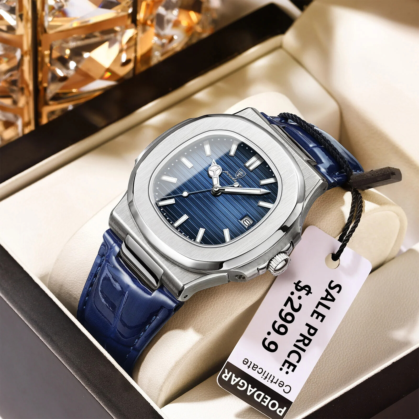 Reloj de Pulsera para Hombre Cuarzo Cuero Luminoso Relojes Impermeables Cuadrado