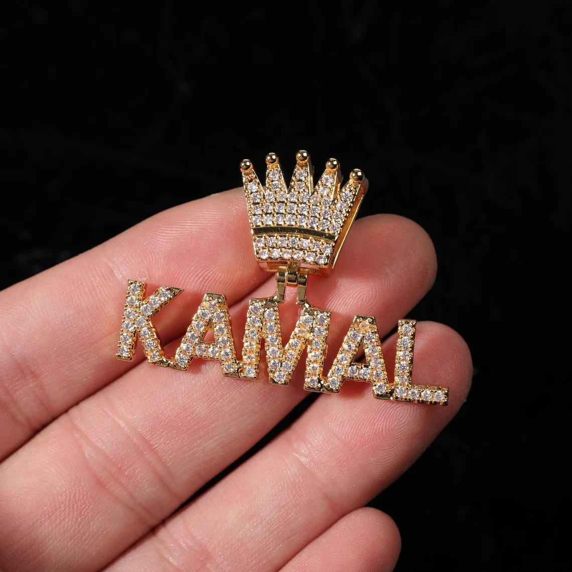 14K Yellow Gold Plated Personalized Letter King Pendant 3 Ct Simulated Diamond