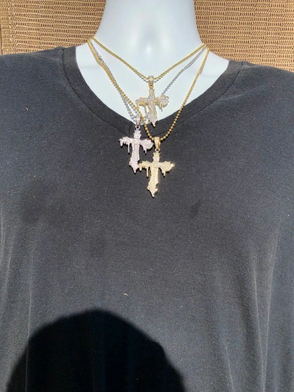 Solid 925 Sterling Silver Gold Plated Dripping Cross Mens Icy Pendant Flooded CZ