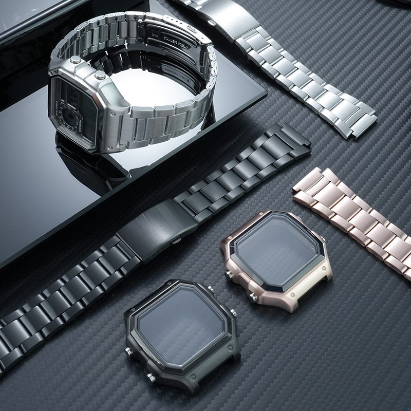 Watch Mod Kit Stainless Steel Metal Case watchband set For Casio AE1200 AE1300