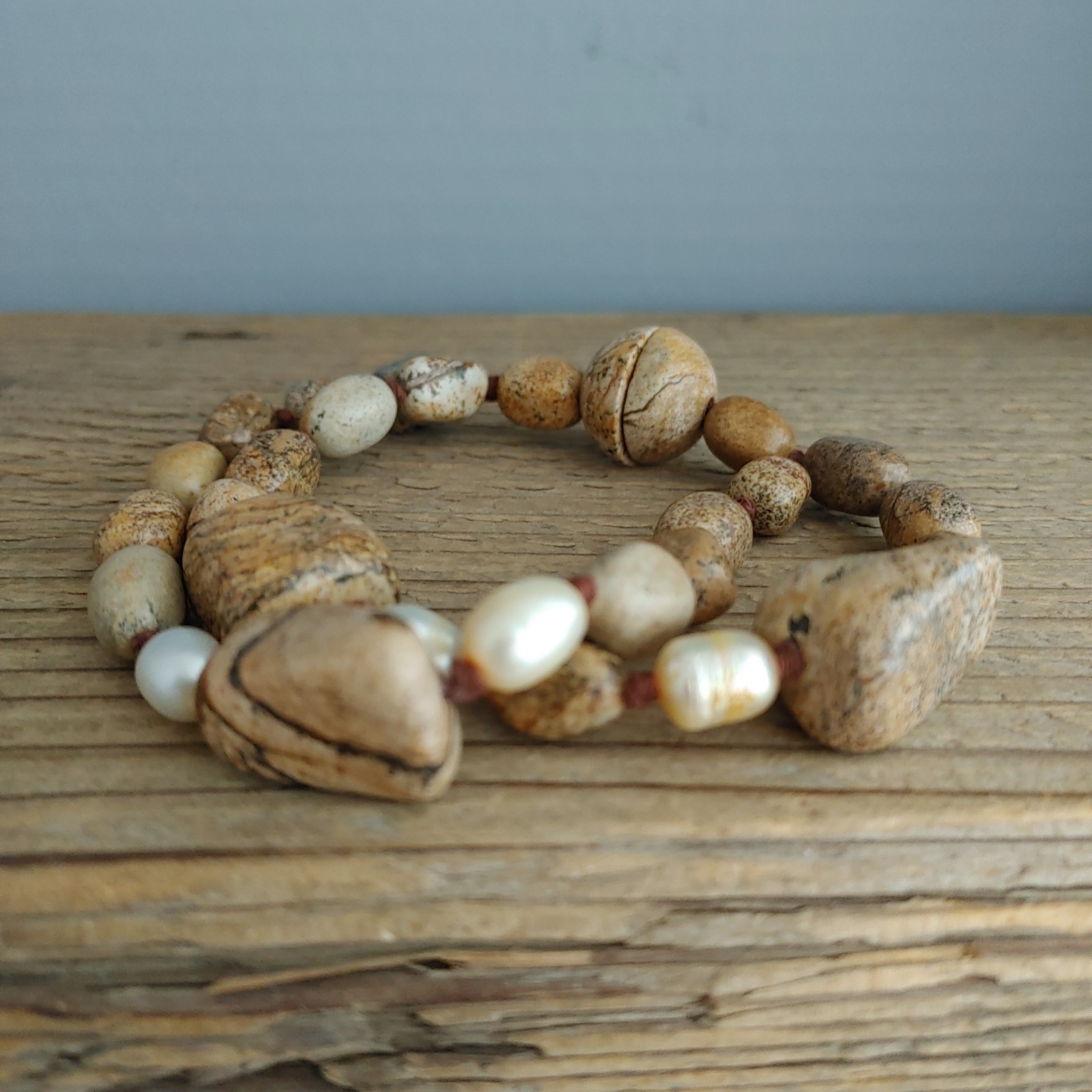 Jasper Stone Freshwater Pearl Bracelet 2 Strands Knotted Magnetic Clasp 8.5”